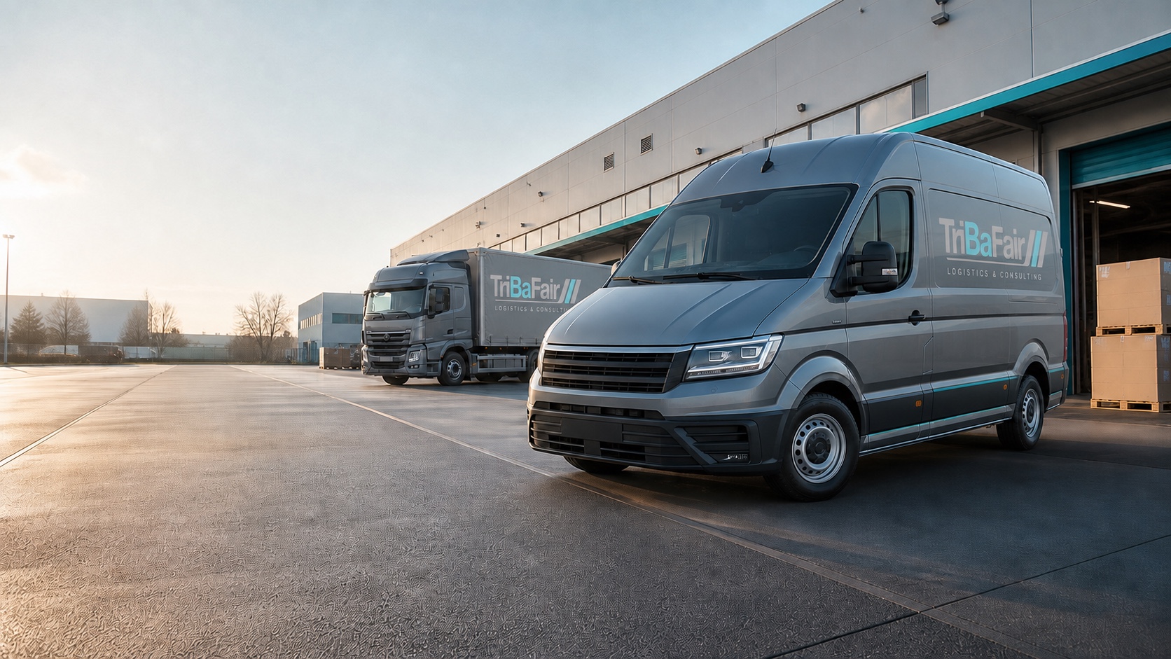 Gebrandeter Tribafair-Transporter und Tribafair-Lkw an einem Logistikzentrum