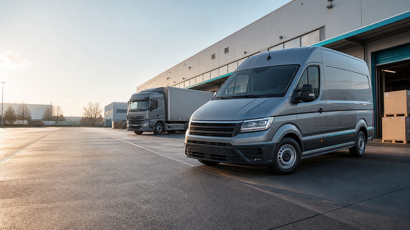 Transporter, Frachtfahrzeug und Pakete an einem Logistikzentrum