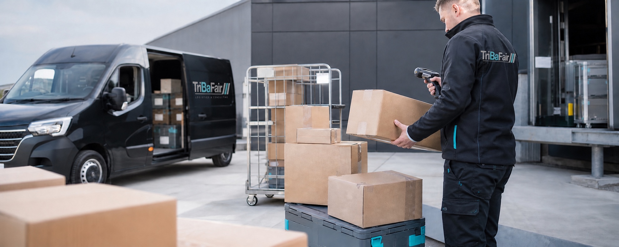 Gebrandeter Tribafair-Transporter und Mitarbeiter bereiten Pakete und Transportboxen für die Auslieferung vor